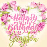 A stunning heart made of pink roses surrounds the elegant script text 'Happy Birthday Grayson' on a soft beige background. Animated sparkles add a magical and festive feel.