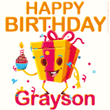 A vibrant and funny gift box character with a happy face dancing with a cupcake and the text 'Happy Birthday Grayson,' surrounded by animated confetti and party vibes.
