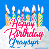 A cheerful animated GIF featuring colorful lit birthday candles on a white cake, with the text 'Happy Birthday Graysyn' in bold red and blue script on a bright blue background.