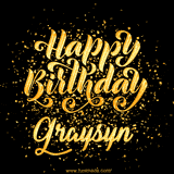 Animated GIF with colorful, festive 'Happy Birthday Graysyn' text decorated with patterns, a party hat, and falling confetti. A vibrant and cheerful design for birthday celebrations.