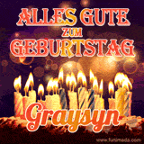 An animated GIF featuring 'Alles Gute Zum Geburtstag Graysyn' in glowing red and gold letters above a cake with colorful lit candles, set against a festive sparkling background.
