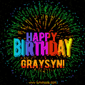 A colorful animated GIF featuring the text 'Happy Birthday Graysyn!' in rainbow colors with a dynamic iridescent firework display in the background.