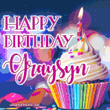 A festive animated GIF featuring a colorful cupcake with a single lit candle, sprinkles, and 'Happy Birthday Graysyn' text against a sparkling, celebratory background.