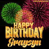 A captivating GIF with bursts of green, pink, and orange fireworks lighting up the night sky, accompanied by 'Happy Birthday Graysyn' in glowing golden text.