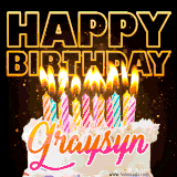 A vibrant animated GIF featuring a delicious birthday cake topped with glowing candles and the name 'Graysyn' in elegant script, and the words 'Happy Birthday' on the black background.