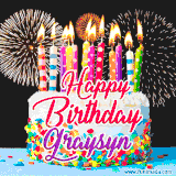A lively happy birthday animated GIF showcasing a colorful birthday cake covered in sprinkles, topped with glowing candles, and surrounded by vibrant fireworks. The name 'Graysyn' is featured in elegant script.