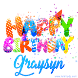 Animated GIF with colorful, festive 'Happy Birthday Graysyn' text decorated with patterns, a party hat, and falling confetti. A vibrant and cheerful design for birthday celebrations.