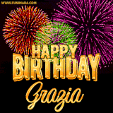 A golden 'Happy Birthday Grazia' message with vibrant fireworks in the background, creating a festive and celebratory vibe in this animated name GIF.