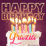 A colorful birthday cake topped with lit candles, with the words 'Happy Birthday Grazia' in bold glowing letters on a burgundy background. Animated flames add a festive touch.