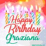 Bright birthday candles with rainbow flames on a cake, alongside the text 'Happy Birthday Graziana' in vibrant script in this celebratory animated GIF.