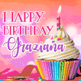 A vibrant birthday GIF featuring a rainbow-colored cupcake topped with white frosting, sprinkles, and a lit candle. The text reads 'Happy Birthday Graziana' in bold pink and violet letters with white outline.