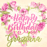 A stunning heart made of pink roses surrounds the elegant script text 'Happy Birthday Graziana' on a soft beige background. Animated sparkles add a magical and festive feel.