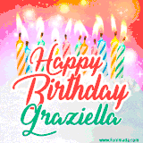 Bright birthday candles with rainbow flames on a cake, alongside the text 'Happy Birthday Graziella' in vibrant script in this celebratory animated GIF.