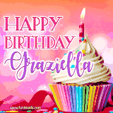 A vibrant birthday GIF featuring a rainbow-colored cupcake topped with white frosting, sprinkles, and a lit candle. The text reads 'Happy Birthday Graziella' in bold pink and violet letters with white outline.
