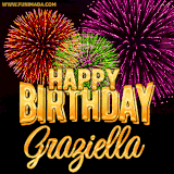A golden 'Happy Birthday Graziella' message with vibrant fireworks in the background, creating a festive and celebratory vibe in this animated name GIF.