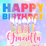 A vibrant animated name GIF with the words 'Happy Birthday Graziella' with colorful candles on a creamy cake. The background sparkles with pastel shades, adding a festive touch.