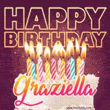 A colorful birthday cake topped with lit candles, with the words 'Happy Birthday Graziella' in bold glowing letters on a burgundy background. Animated flames add a festive touch.