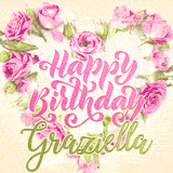 A stunning heart made of pink roses surrounds the elegant script text 'Happy Birthday Graziella' on a soft beige background. Animated sparkles add a magical and festive feel.