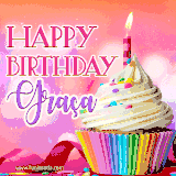 A vibrant birthday GIF featuring a rainbow-colored cupcake topped with white frosting, sprinkles, and a lit candle. The text reads 'Happy Birthday Graça' in bold pink and violet letters with white outline.