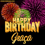 A golden 'Happy Birthday Graça' message with vibrant fireworks in the background, creating a festive and celebratory vibe in this animated name GIF.