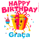 A vibrant and funny gift box character with a happy face dancing with a cupcake and the text 'Happy Birthday Graça,' surrounded by animated confetti and party vibes.