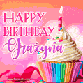 A vibrant birthday GIF featuring a rainbow-colored cupcake topped with white frosting, sprinkles, and a lit candle. The text reads 'Happy Birthday Grażyna' in bold pink and violet letters with white outline.
