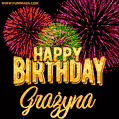 A golden 'Happy Birthday Grażyna' message with vibrant fireworks in the background, creating a festive and celebratory vibe in this animated name GIF.