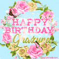 A charming animated GIF featuring 'Happy Birthday Grażyna' in pink and green text, surrounded by delicate roses, leaves, and fluttering butterflies on a soft light blue pastel background.