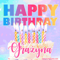 A vibrant animated name GIF with the words 'Happy Birthday Grażyna' with colorful candles on a creamy cake. The background sparkles with pastel shades, adding a festive touch.