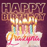 A colorful birthday cake topped with lit candles, with the words 'Happy Birthday Grażyna' in bold glowing letters on a burgundy background. Animated flames add a festive touch.
