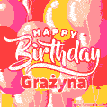 A vibrant name GIF featuring colorful balloons in shades of pink, orange, and yellow with the bold text 'Happy Birthday Grażyna' in festive fonts, creating a lively birthday vibe.