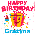 A vibrant and funny gift box character with a happy face dancing with a cupcake and the text 'Happy Birthday Grażyna,' surrounded by animated confetti and party vibes.