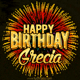 Golden 'Happy Birthday Grecia' text accompanied by animated rainbow fireworks for a festive animated greeting.