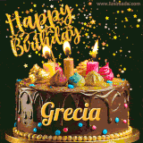 A delightful chocolate birthday cake with bright candles and 'Happy Birthday Grecia' written in gold amidst a shower of animated stars.