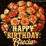 Animated bouquet of orange roses with moving butterfles and golden 'Happy Birthday Grecia' text, surrounded by sparkling accents and a dark backdrop for a luxurious feel.