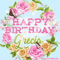 A charming animated GIF featuring 'Happy Birthday Grecia' in pink and green text, surrounded by delicate roses, leaves, and fluttering butterflies on a soft light blue pastel background.