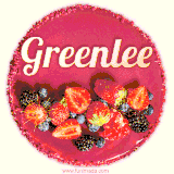 Beautifully decorated red velvet berry birthday cake with vibrant fruits and a glowing 'Greenlee' name, adding a touch of sweetness and sparkle.