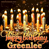 A glowing personalized birthday GIF with name Greenlee featuring lit candles with intricate designs, warm lighting, and the text 'Happy Birthday' in an elegant font.