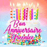 A white birthday cake covered in colorful sprinkles, topped with bright candles, and French text 'Bon Anniversaire Greenlee' on a pastel gradient background in an animated GIF.