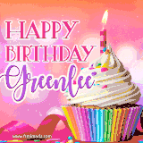 A vibrant birthday GIF featuring a rainbow-colored cupcake topped with white frosting, sprinkles, and a lit candle. The text reads 'Happy Birthday Greenlee' in bold pink and violet letters with white outline.