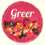 Beautifully decorated red velvet berry birthday cake with vibrant fruits and a glowing 'Greer' name, adding a touch of sweetness and sparkle.