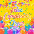 A bright and festive GIF with the text 'Feliz Cumpleaños Greer' in Spanish in colorful fonts, surrounded by confetti, balloons, and festive banners on a vibrant yellow background.