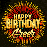 Golden 'Happy Birthday Greer' text accompanied by animated rainbow fireworks for a festive animated greeting.