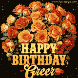 Animated bouquet of orange roses with moving butterfles and golden 'Happy Birthday Greer' text, surrounded by sparkling accents and a dark backdrop for a luxurious feel.
