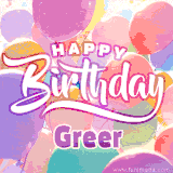 A vibrant name GIF featuring colorful balloons in shades of pink, orange, and yellow with the bold text 'Happy Birthday Greer' in festive fonts, creating a lively birthday vibe.