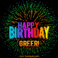 A colorful animated GIF featuring the text 'Happy Birthday Greer!' in rainbow colors with a dynamic iridescent firework display in the background.