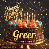 Happy Birthday Greer animated image showcasing a decorated chocolate cake on a pedestal with glowing candles.