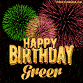 Wishing You A Happy Birthday, Greer! Best fireworks GIF animated greeting card.
