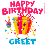 A vibrant and funny gift box character with a happy face dancing with a cupcake and the text 'Happy Birthday Greet,' surrounded by animated confetti and party vibes.