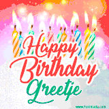 Bright birthday candles with rainbow flames on a cake, alongside the text 'Happy Birthday Greetje' in vibrant script in this celebratory animated GIF.